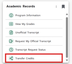 academic records transfer credit link screenshot