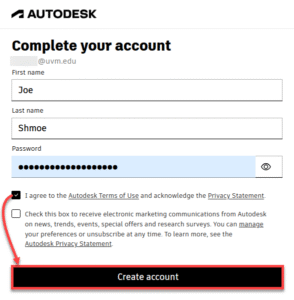 Finish creating your Autodesk account.