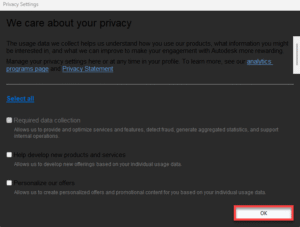 AutoCAD privacy settings.