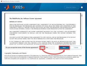 Accepting the MATLAB license agreement.
