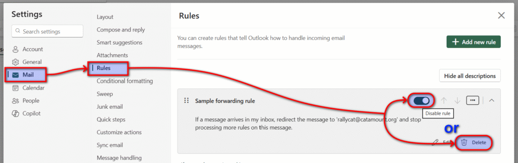 Screenshot of Outlook web setting window, showing the mail Inbox Rules list, and the Disable rule toggle and Delete rule icon highlighted.