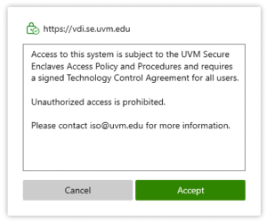 a banner message indicating terms of use for the secure enclave environment and an 'accept' button