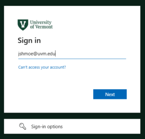 a University of Vermont branded-Sign in window with "jshmoe@uvm.edu" entered in the username field
