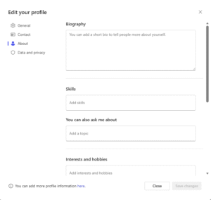 a screenshot of a window titled "Edit your profile" with the "About" menu selected and a series of empty input boxes on the right side.