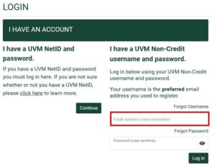 screenshot of the non-credit student portal login options