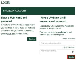 screenshot of the non-credit student portal login options