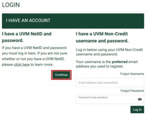 screenshot of the non-credit student portal login options