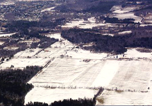 aerial view of Shelburne covered in snow