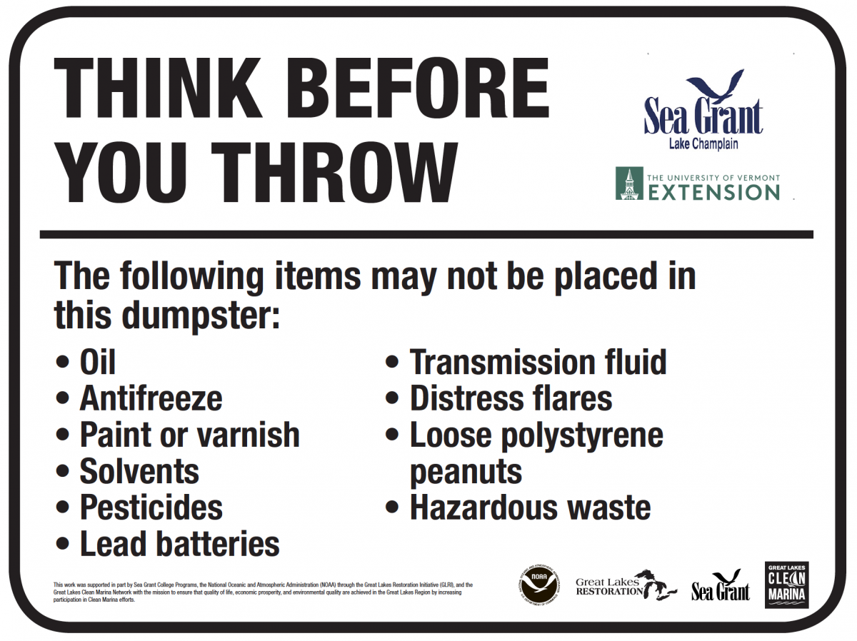 Think Before You Throw sign available to Lake Champlain basin marinas