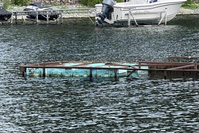 Photo of a floating dock with styrofoam in the water
