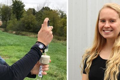 Alison Spasyk in AmeriCorps shirt uses a pipet to collect a sample in the field.