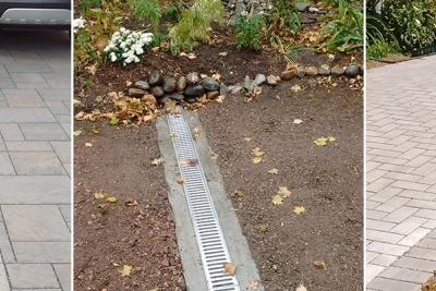 Permeable driveway, rain garden, and a trench drain