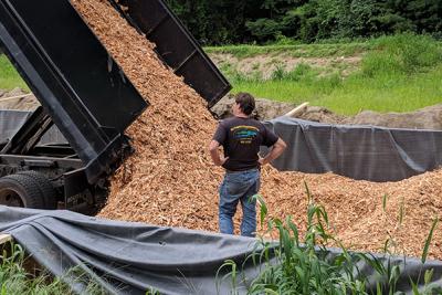 Dump truck unloads woodchips into pit while a person watches