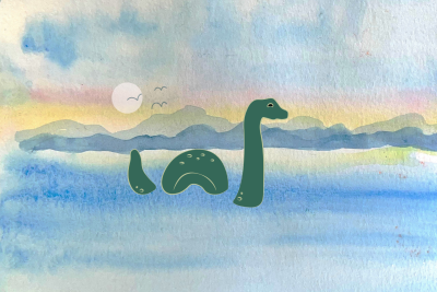 A watercolor background of Lake Champlain with Champ, or Gitaskog, in the foreground