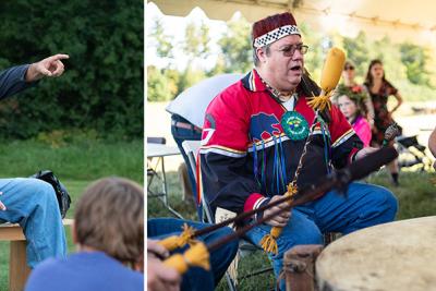 Chief Don Stevens tells stories at a campfire and performs with drummers