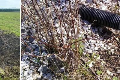 Buried black pipe draining water and burying a black pipe in farm field