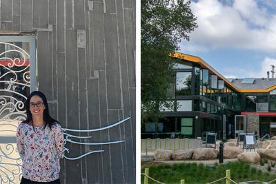 Anne Correia standing outside Ocean Discovery Institute and new Living Lab building