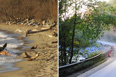 Lake Champlain shoreline beach with driftwood and a Vermont road damaged by a tropical storm.