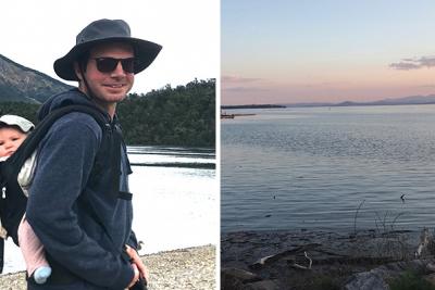 Mark Mitchell by lake in New Zealand and view of Lake Champlain in Vermont