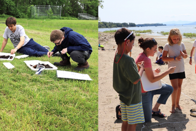 Students on lawn looking at water samples and students on beach with educator