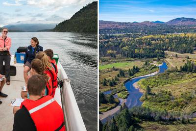 School-age children wearing red life jackets in boat on Lake Placid and aerial view of Ausable River watershed