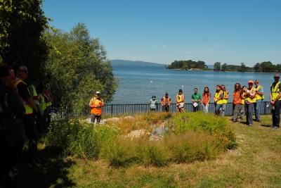 People standing around a rain garden in front of Lake Champlain