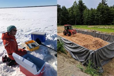 Water draining from buried black pipe, researcher on frozen lake, tractor moving wood chips on bioreactor site, researcher holding large fish