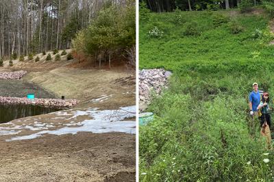 Subsurface gravel wetland ponds and landscaping with three students standing in middle of new plant growth