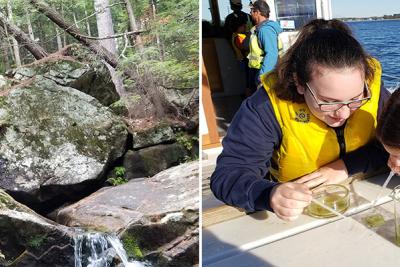 Students stand on bridge overlooking gorge and two students examine water sample on a boat on a lake