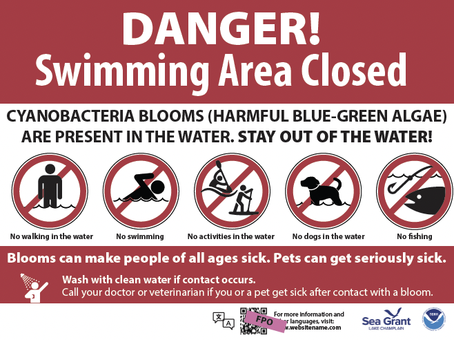 beach closed sign for cyanobacteria blooms