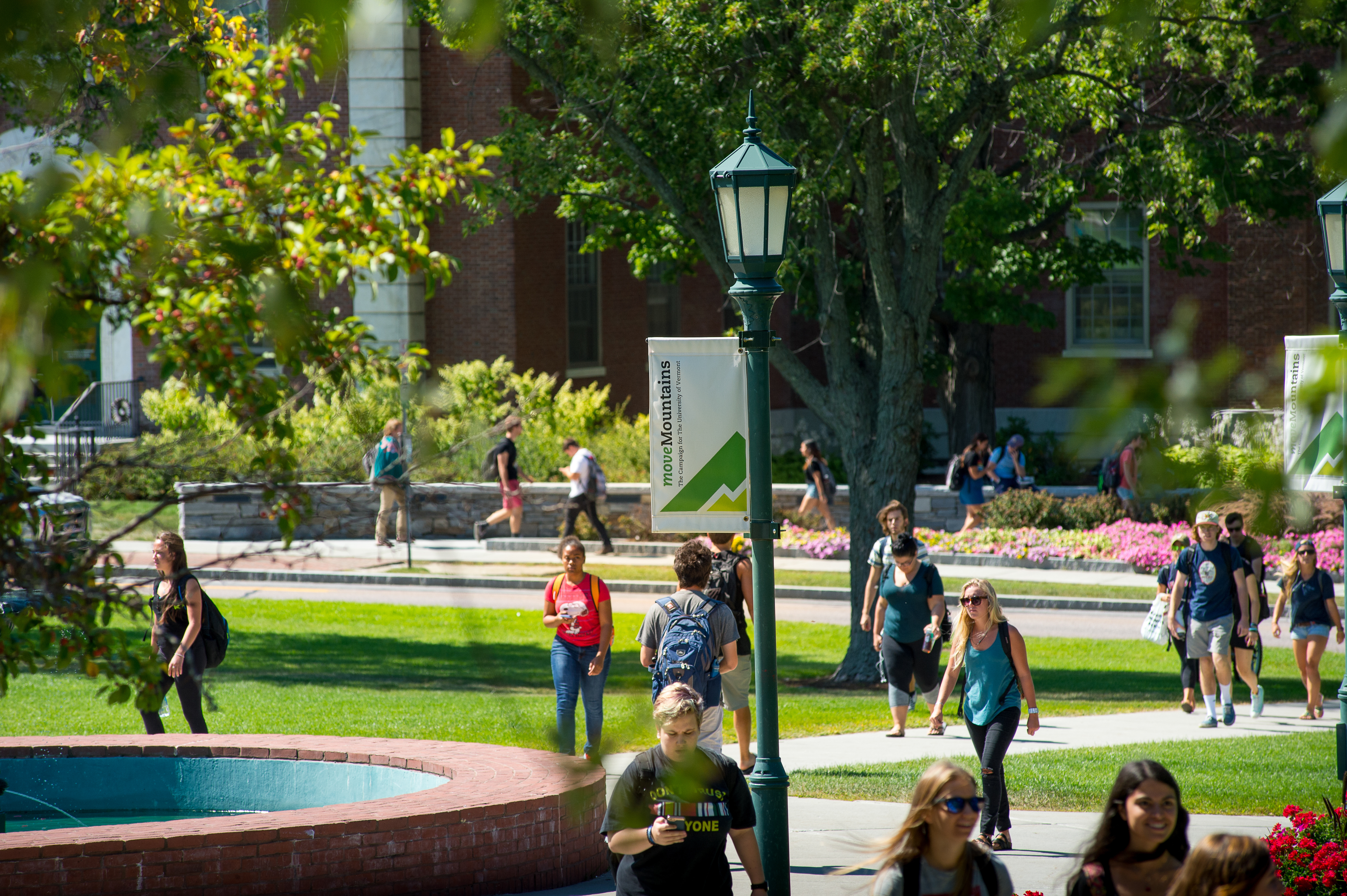 Aerial view of people walking across the university green.