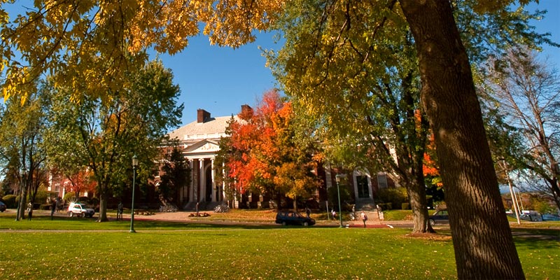 Waterman Building framed by colorful fall foliage