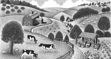 Woodcut of farm with cows