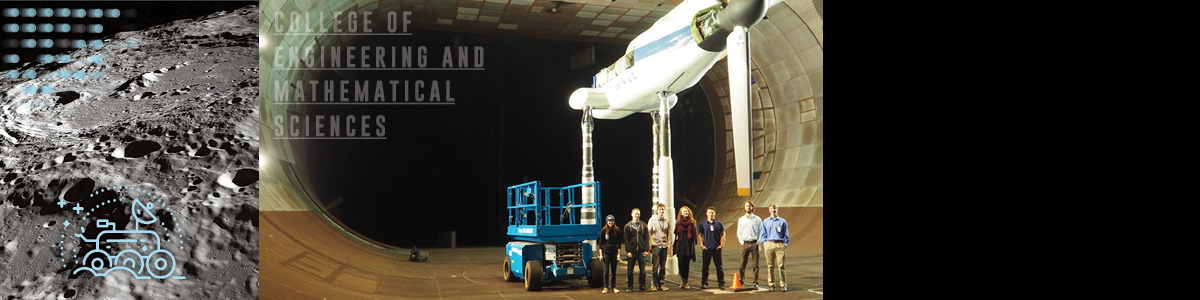  students in wind tunnel and picture of the moon.