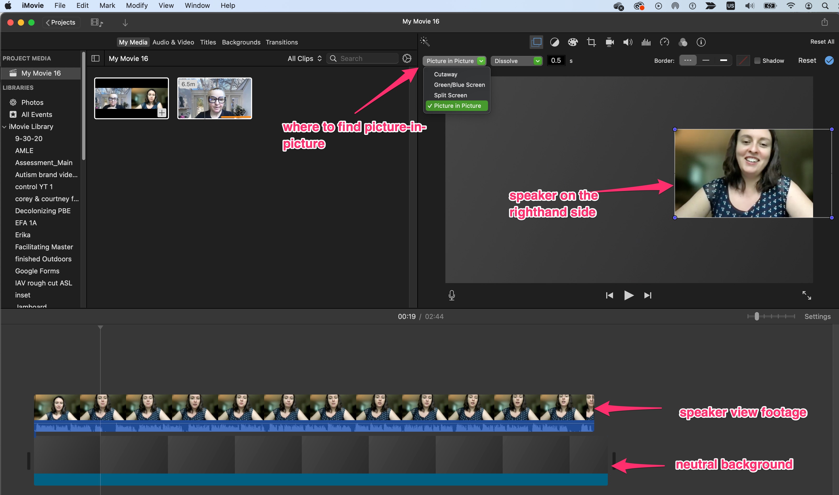 Screenshot of an iMovie workspace with a neutral background loaded to the timeline, speaker view footage on top, and where to find the picture-in-picture setting.