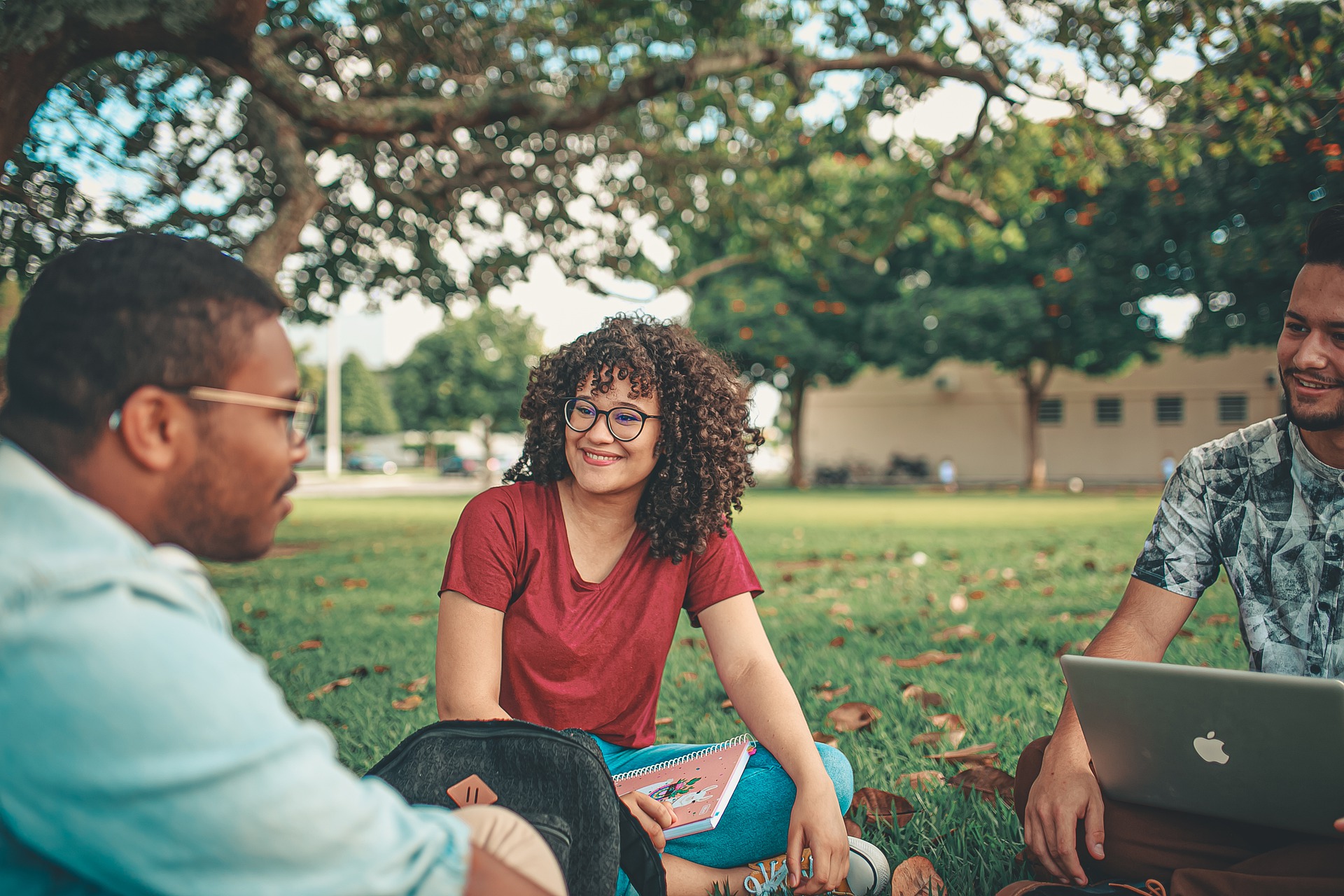 A group of students, in their mid-twenties, sit outside on a campus green in late spring, having a discussion.