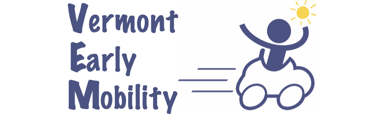 Vermont Early Mobility logo: an icon of a power wheelchair leading the text at speed