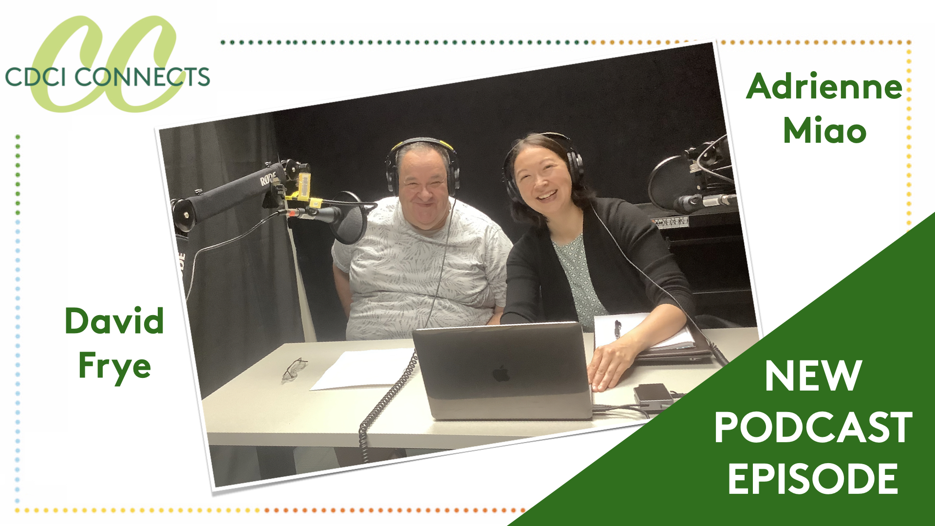 Thumbnail photo of an Asian woman in her forties and a heavyset white man in his sixties, both wearing headphones and sitting at a table in a recording studio.