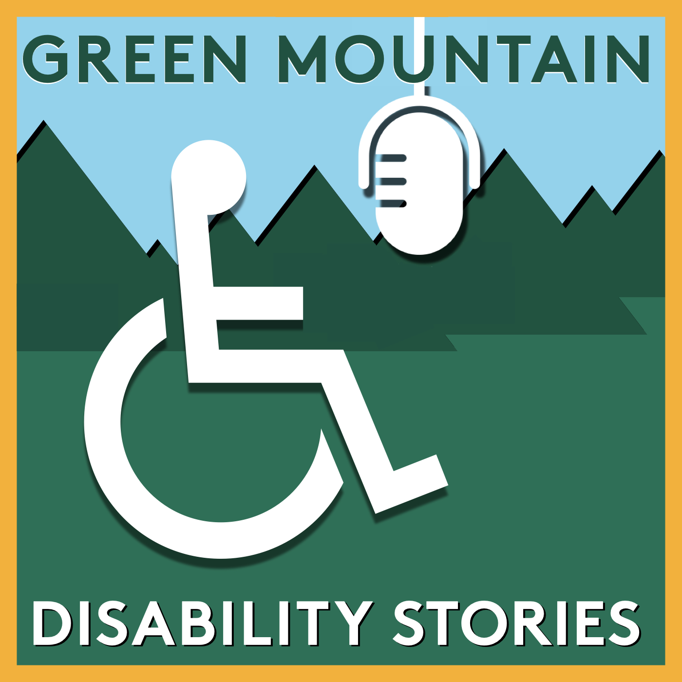 Green Mountain Disability Stories logo: the icon for access in front of a microphone, next to a range of green mountains