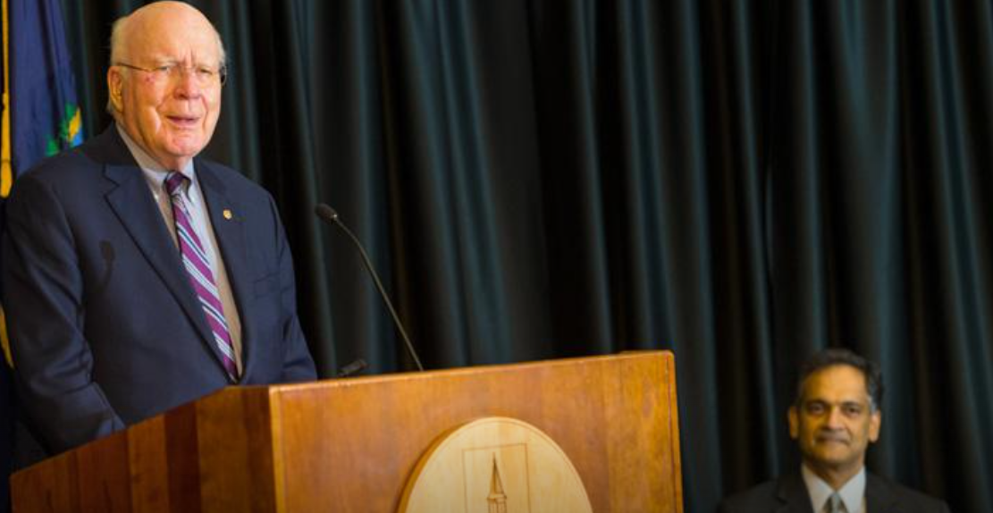 Senator Patrick Leahy talking at a press conference.