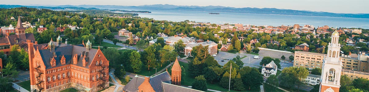 Aerial view of UVM campus with Lake Champlain in the background