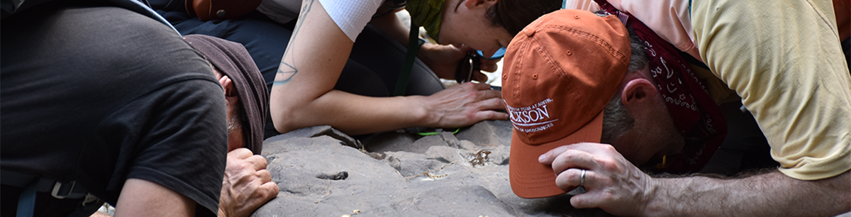 geologists examining holes drilled in rock
