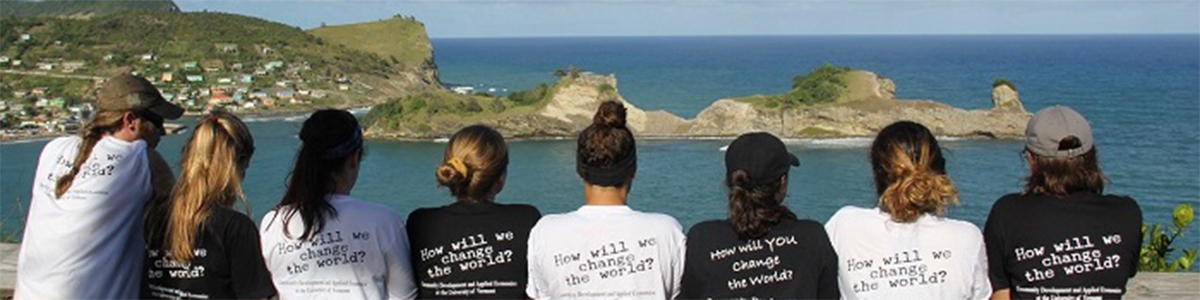CDAE students overlooking St. Lucian ocean wearing t shirts saying "how will you change the world?"