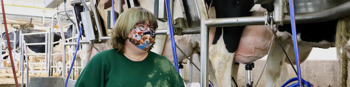 student in milking parlor