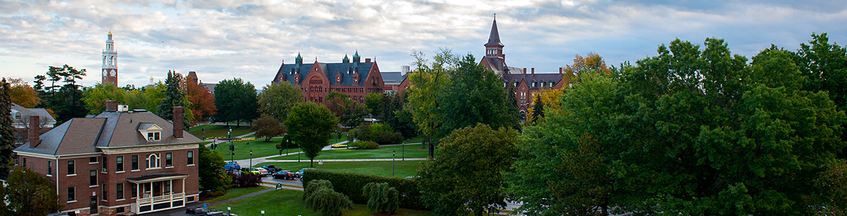 panoramic view of campus buildings with the history department front and center