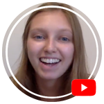 Sarah Geller smiling at the camera in a circle with a youtube icon overlayed