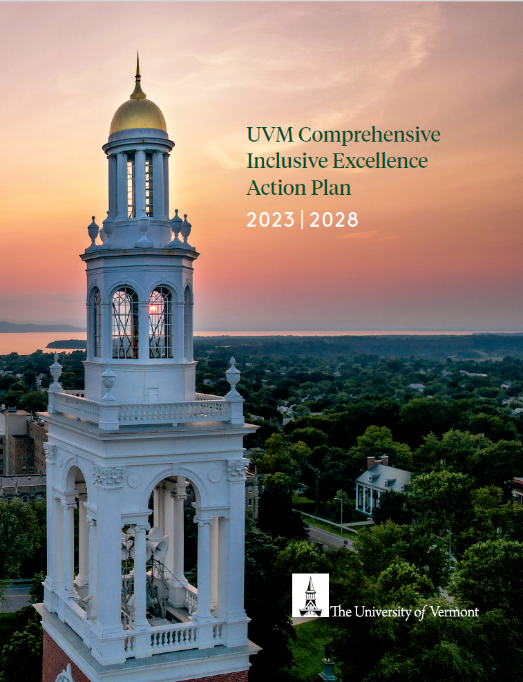 Cover of the UVM Comprehensive Inclusive Excellence Action Plan featuring UVM's clocktower and Lake Champlain at sunset in the backgrond