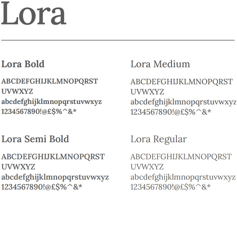 serif text that reads Lora in a variety of different weights and thicknesses
