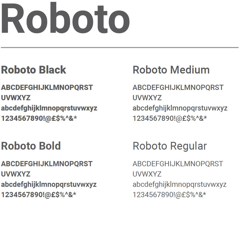 text that reads roboto in a variety of weights and thicknesses