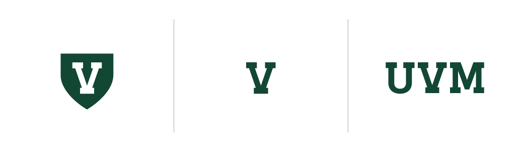 a solid green shield with a white v, a green v, and a green UVM side-by-side